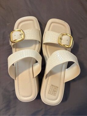 White Croc-Embossed Double Strap Slide Sandals